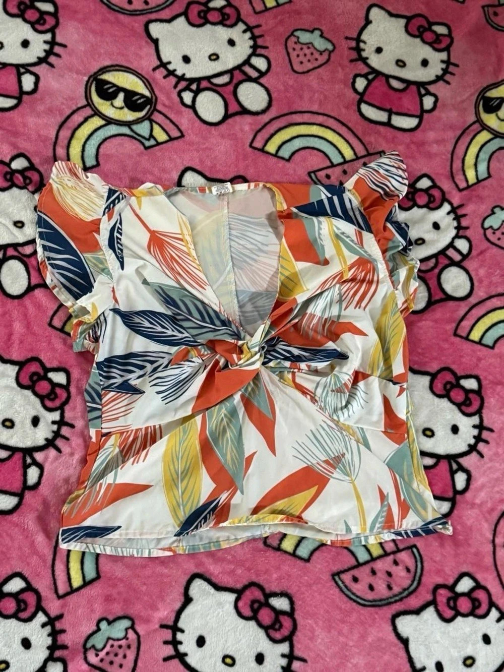 Cream Printed Tie Front Blouse in White & orange & Green Like New